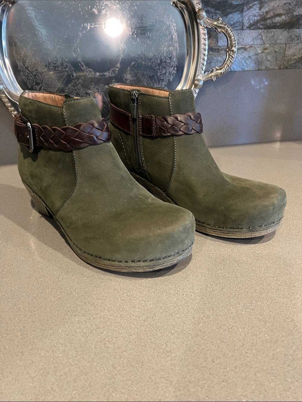 Dansko Michelle Green Nubuck Leather Ankle Boot with Brown Braided Strap